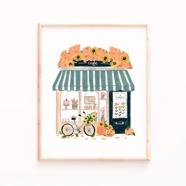 Fall Coffee Shop Print, Cozy Autumn Cafe Decor