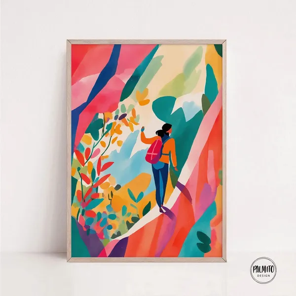 Hiker Girl In Mountain Landscape, Bold Nature Print