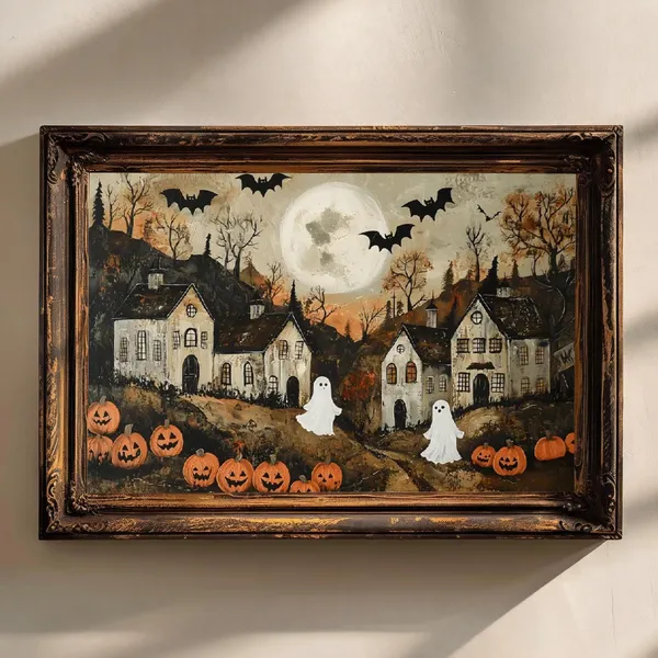 Halloween Town Folk Art Poster, Vintage Halloween Style