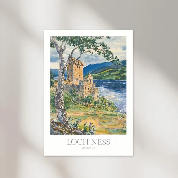Loch Ness Watercolor Poster, Scotland Travel Poster