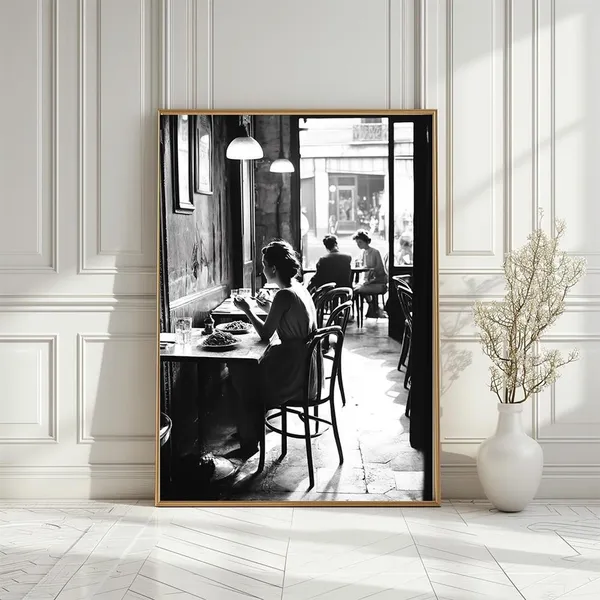 Parisian Cafe Scene Vintage Art Print, Black & White