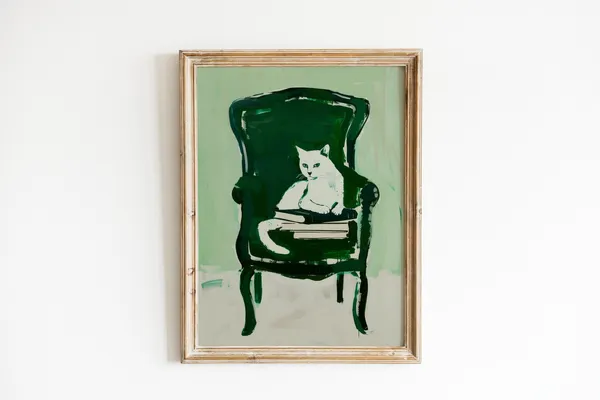 Cute Cat Emerald Green Retro Apartment Art Print