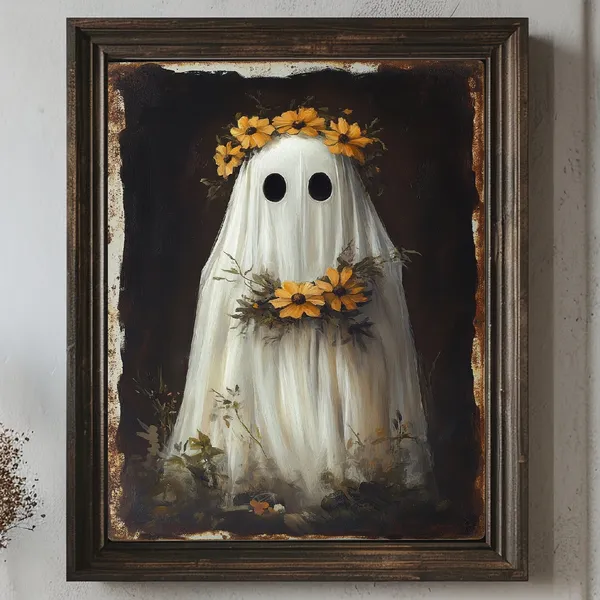 Ghost With Yellow Flower Wreath, Halloween Poster