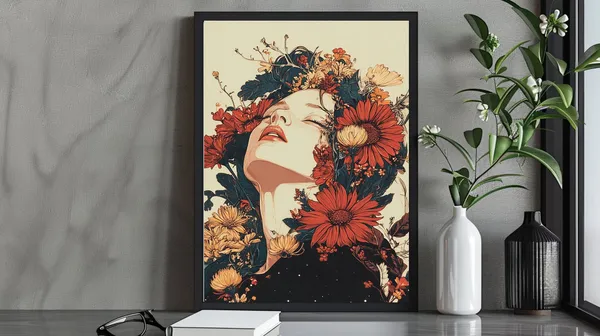 Whimsical Floral Portrait Art Print, Boho Decor