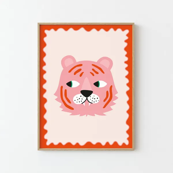 Pink Tiger Illustration Poster, Nursery Animal Decor