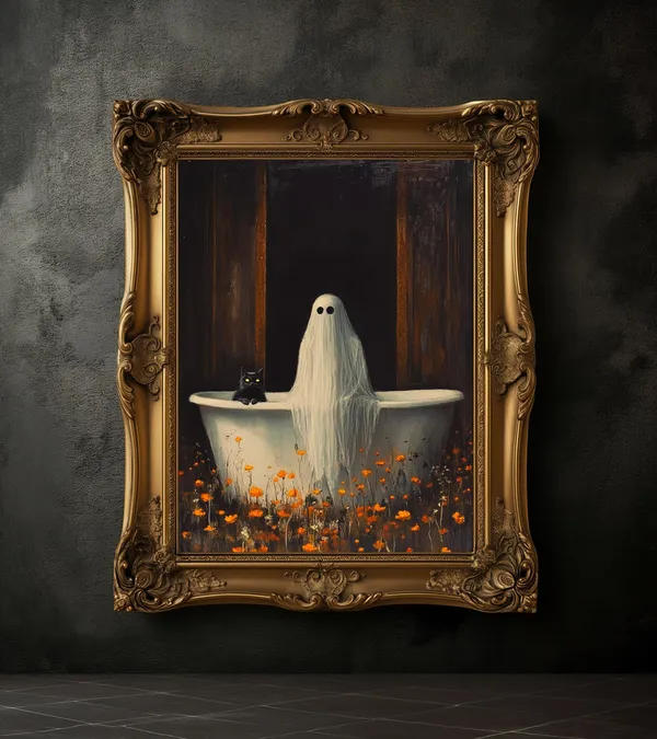 Ghost And Black Cat Taking Bath In Wildflowers Poster, Halloween Art