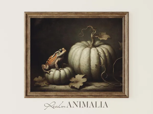 Toad on Pumpkin Art Print, Vintage Halloween Still Life