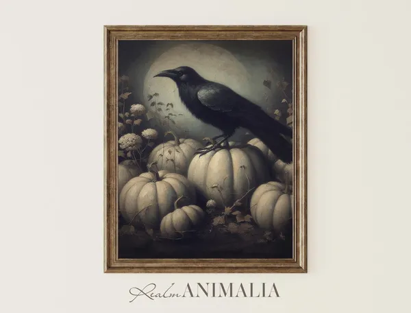 Crow In Pumpkin Patch Vintage Halloween Art Print