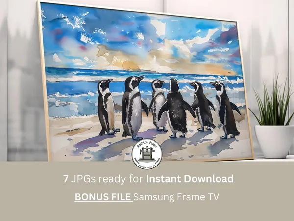 Penguin Watercolor Art Print, Beach Sunrise Seascape