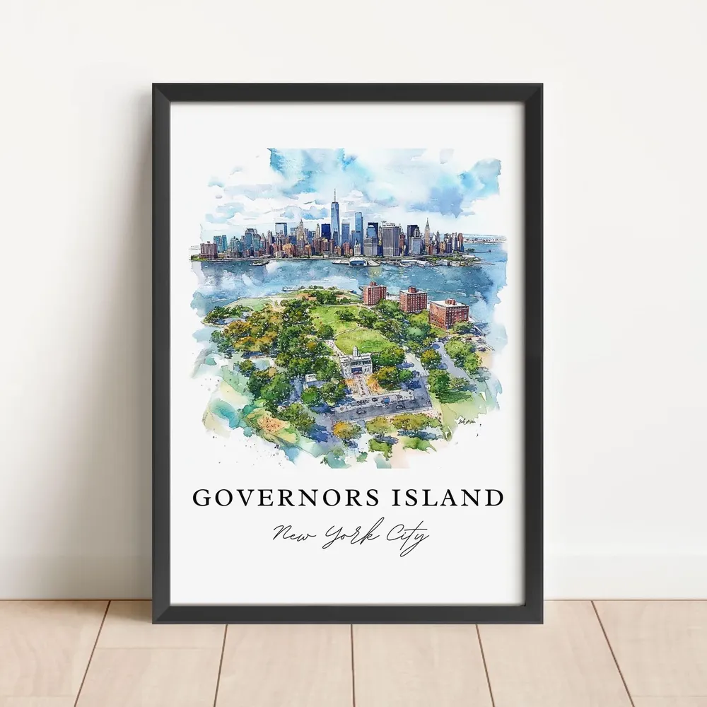 Governors Island Watercolor Travel Poster, Manhattan