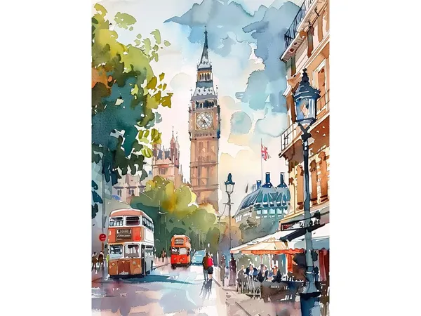 London Cityscape Watercolor Big Ben Travel Poster