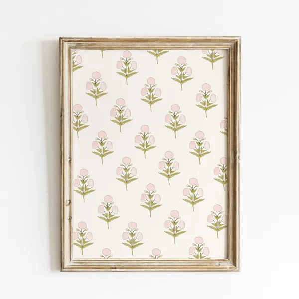 Pink Dahlia Pattern Art Print, Vintage Floral Cottage