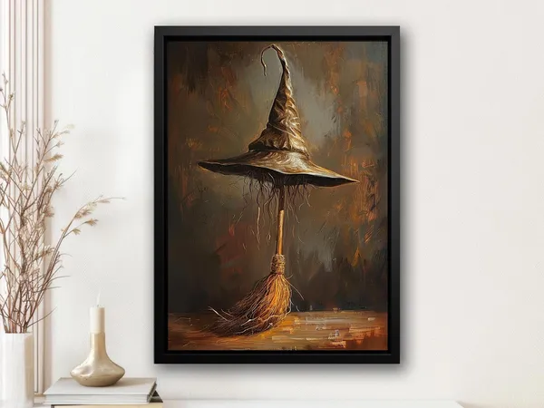 Vintage Witch Hat and Broom Poster, Halloween Decor