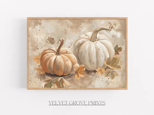 White Pumpkins Vintage Autumn Oil Painting Print
