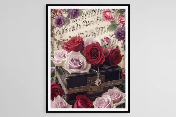 Vintage Roses And Music Sheet Art Print, Romantic Decor