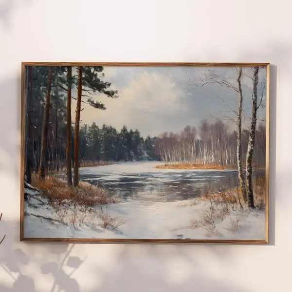 Vintage Frozen Lake Landscape Art Print, Winter Forest