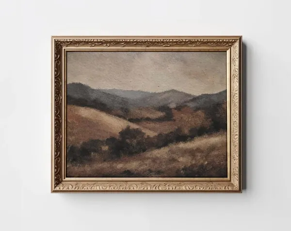 Moody Fall Landscape Art Print, Rustic Beige Hills