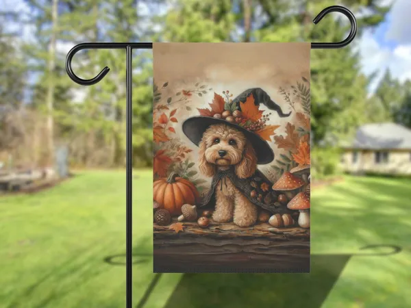 Cockapoo Fall Garden Flag, Vintage Cottage Core Art Print