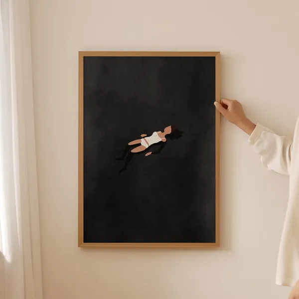 Woman Floating in Black Water, Minimalist Art Print