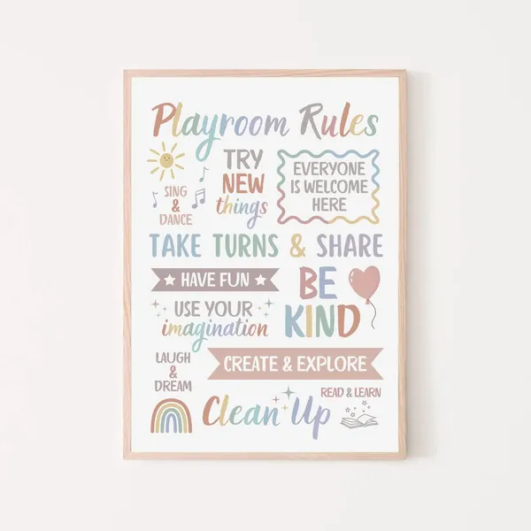 Playroom Rules Sign Print, Neutral Kids Room Decor