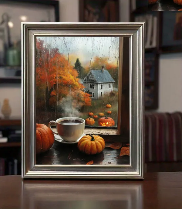 Autumn Coffee Art, Vintage Fall Porch Decor Poster