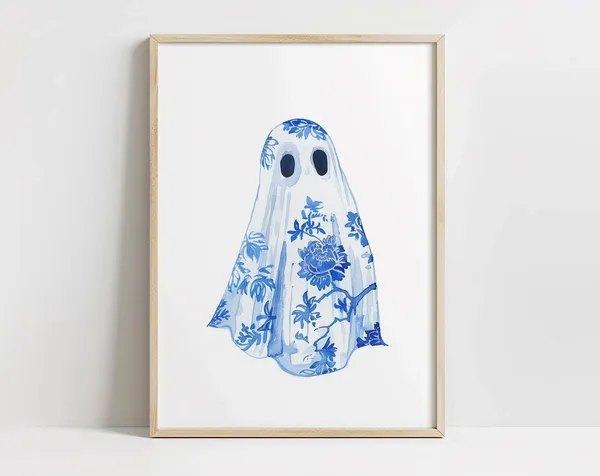 Blue Floral Halloween Wall Art, French Country Decor