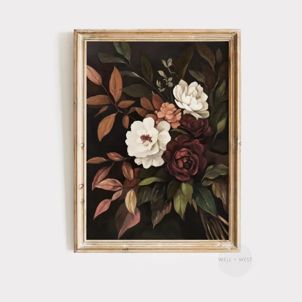 Vintage Fall Floral Print, Moody Botanical Art