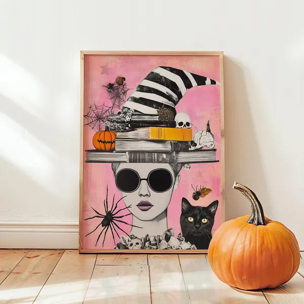 Funky Halloween Witch Art Print, Pink Gothic Decor