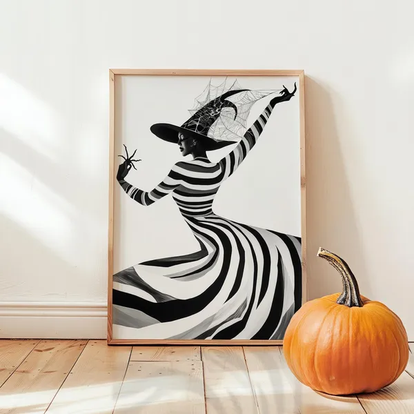Elegant Witch in Striped Dress, Gothic Halloween Print