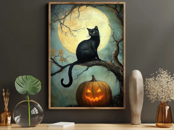 Vintage Black Cat And Moon Halloween Poster, Pumpkin Decor