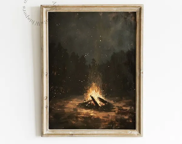 Fall Campfire Art Print, Autumn Wilderness Cabin Decor