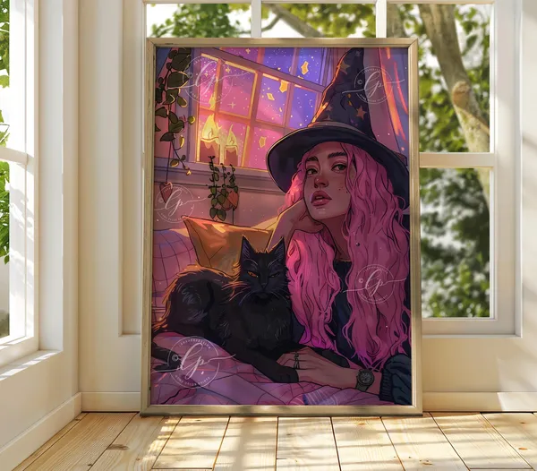 Pink Witch Poster, Modern Halloween Decor