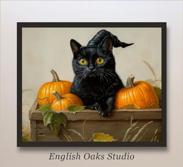 Orange Pumpkins With Black Cat, Vintage Autumn Art Print