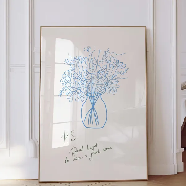 Blue Floral Drawing Bouquet Art Print, Aesthetic Decor