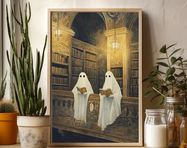 Two Cute Ghosts in a Library, Gothic Vintage Poster