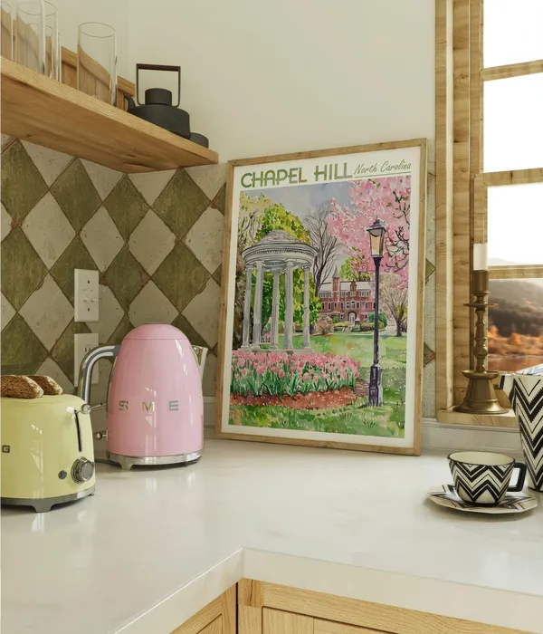 Chapel Hill Watercolor Poster, North Carolina Skyline