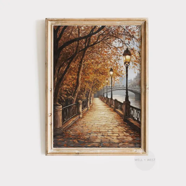 Vintage Fall Cityscape Art Print, Rustic Autumn