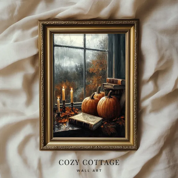 Pumpkins, Books and Candles Vintage Art Print