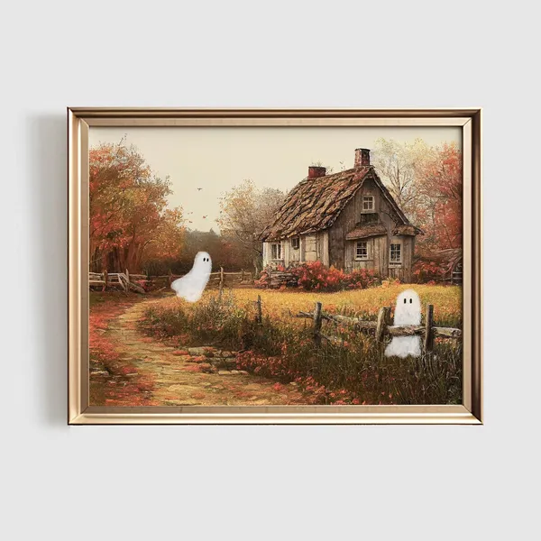 Little Ghosts Vintage Halloween Autumn Landscape Art Print