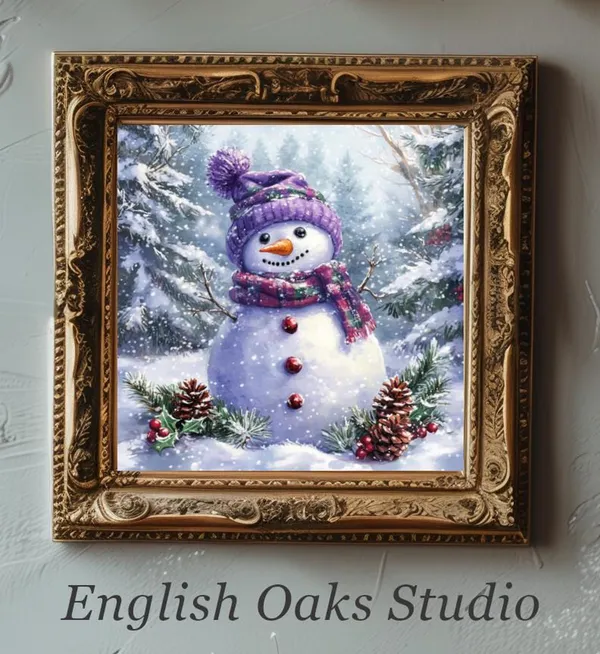 Farmhouse Snowy Forest Snowman Vintage Winter Art Print