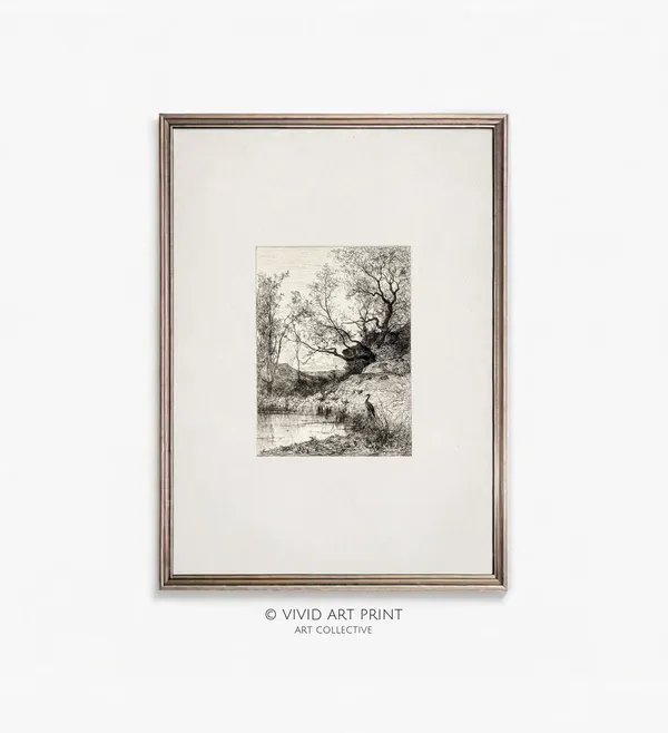 Antique Neutral Farmhouse Drawing A Pond, Art Print