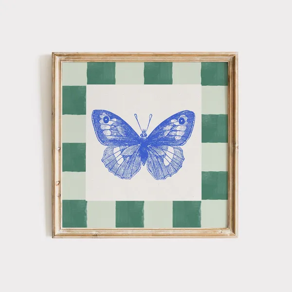 Blue Butterfly Checker Botanical Art Print