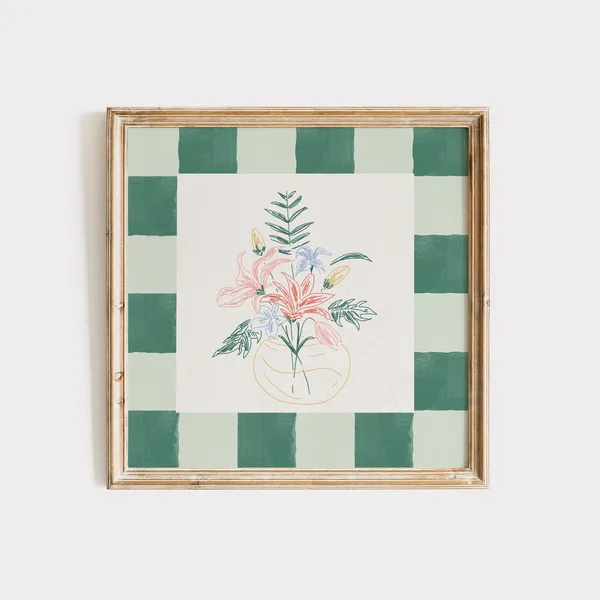 Checker Wildflower Doodle Art Print, Cottage Nursery Decor
