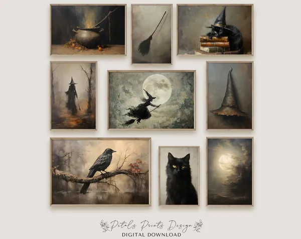 Witch Gallery Wall Prints Set, Vintage Halloween Art