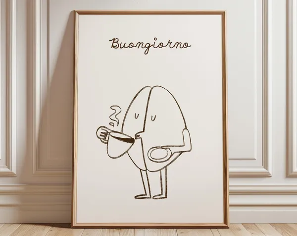 Hand Drawn Brown Coffee Print, Italian Kitchen Retro Decor