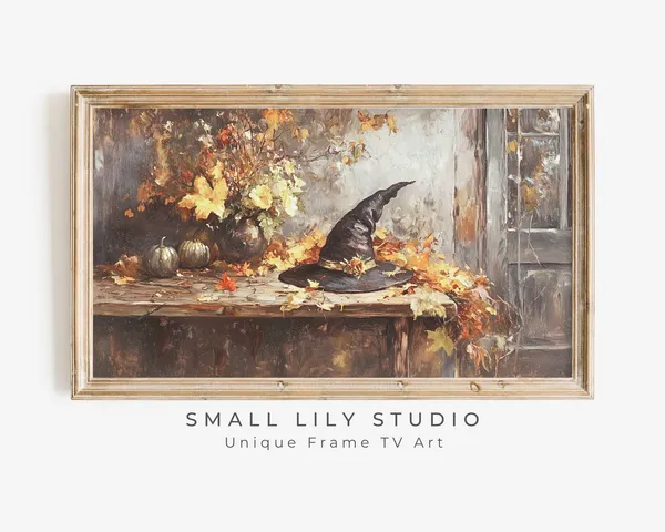 Witch's Hat in Fall Leaves, Rustic Vintage Halloween Art