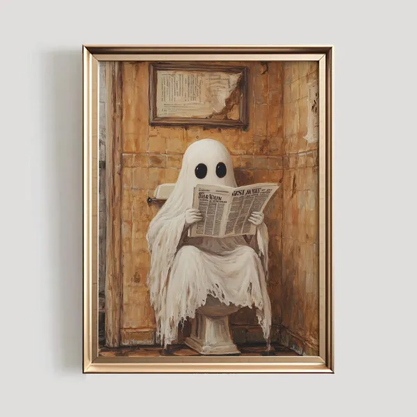 Ghost On Toilet Poster, Funny Halloween Bathroom Decor