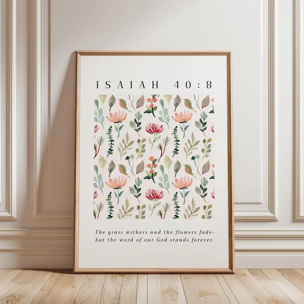 Isaiah 40:8 Scripture Print, Boho Floral Bible Verse