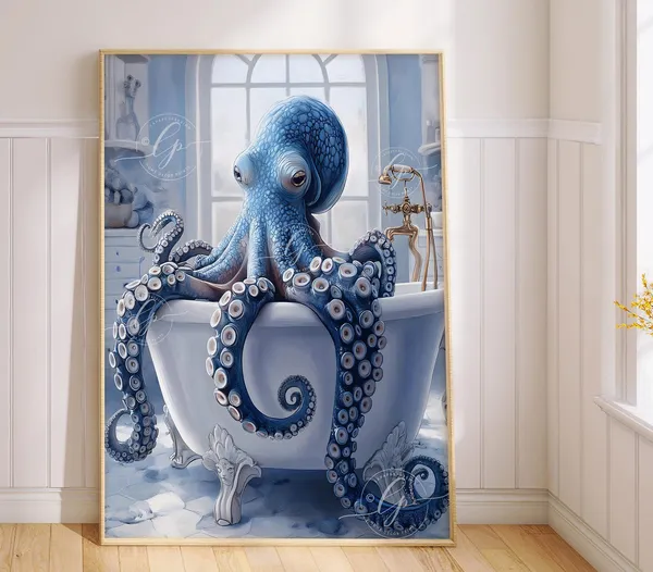 Octopus In A Bath Poster Print, Bathroom Decor