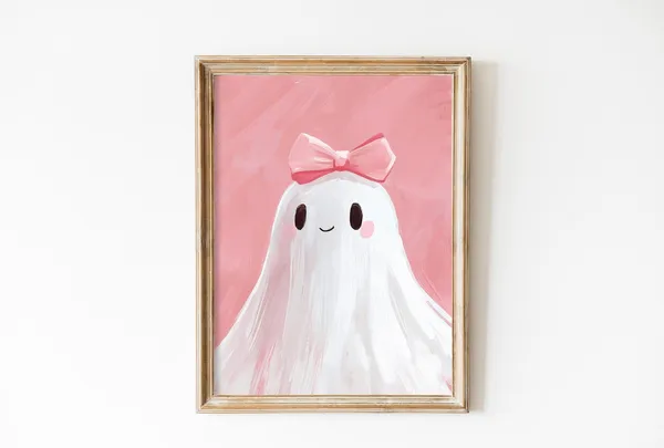 Vintage Pink Bow Ghost Art Print, Halloween Nursery